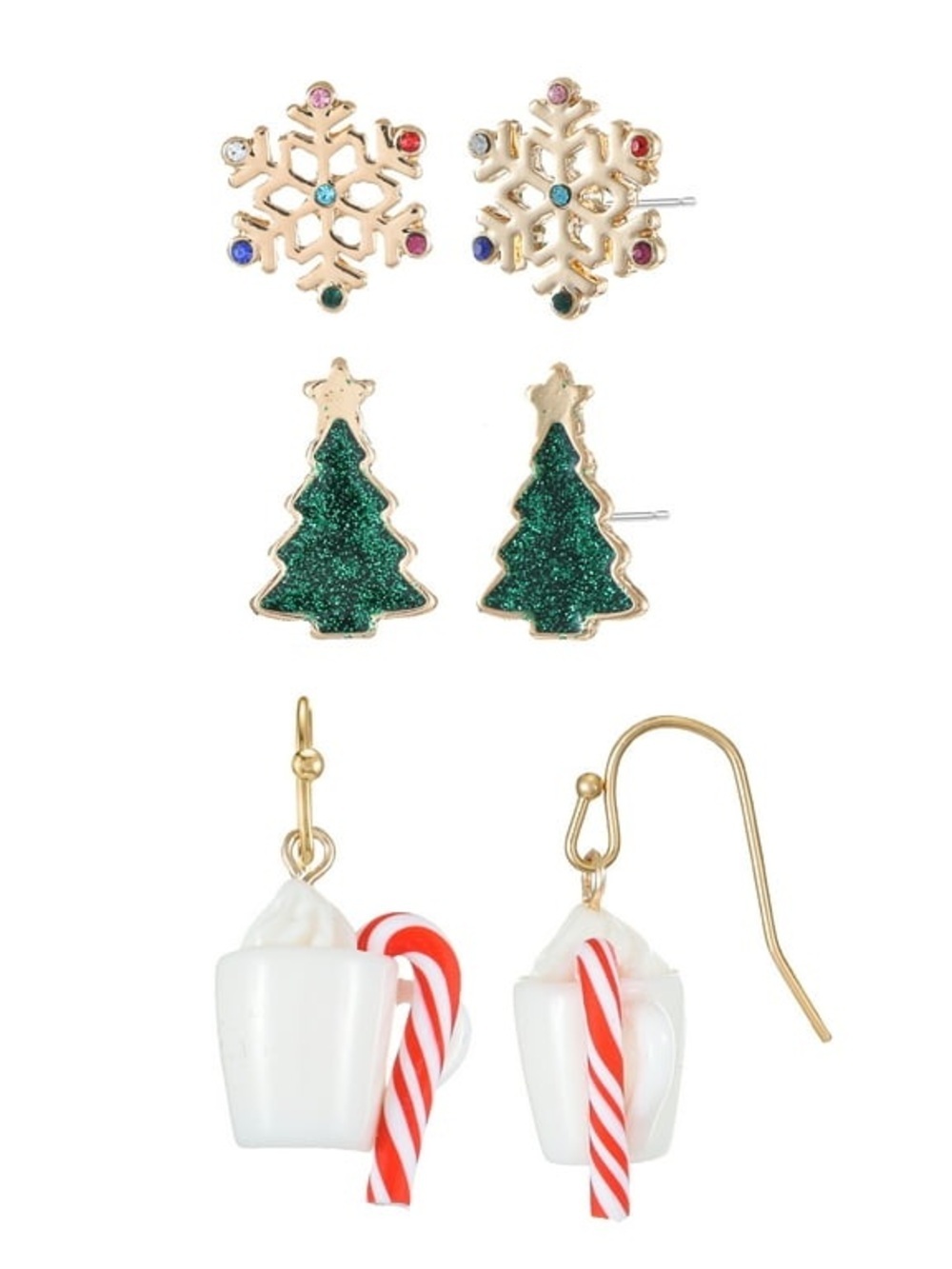 Merry & Bright Holiday Earring Set - Snowflake, Green Tree, Candy Cane Mugs